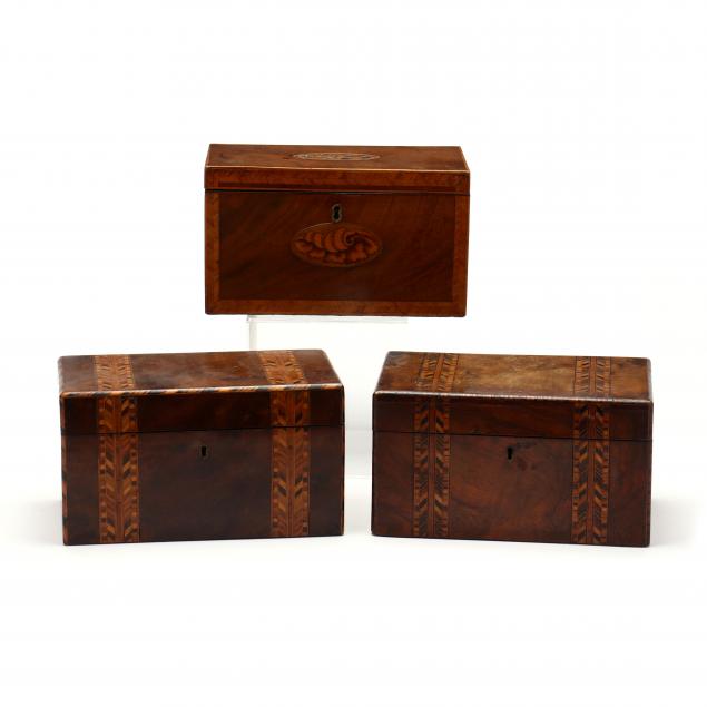 THREE ENGLISH INLAID MAHOGANY TEA