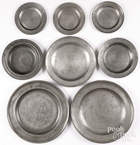 THREE ENGLISH PEWTER CHARGERS,