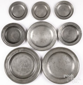 THREE ENGLISH PEWTER CHARGERS,