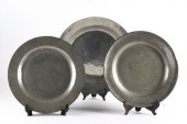 THREE ENGLISH PEWTER CHARGERS