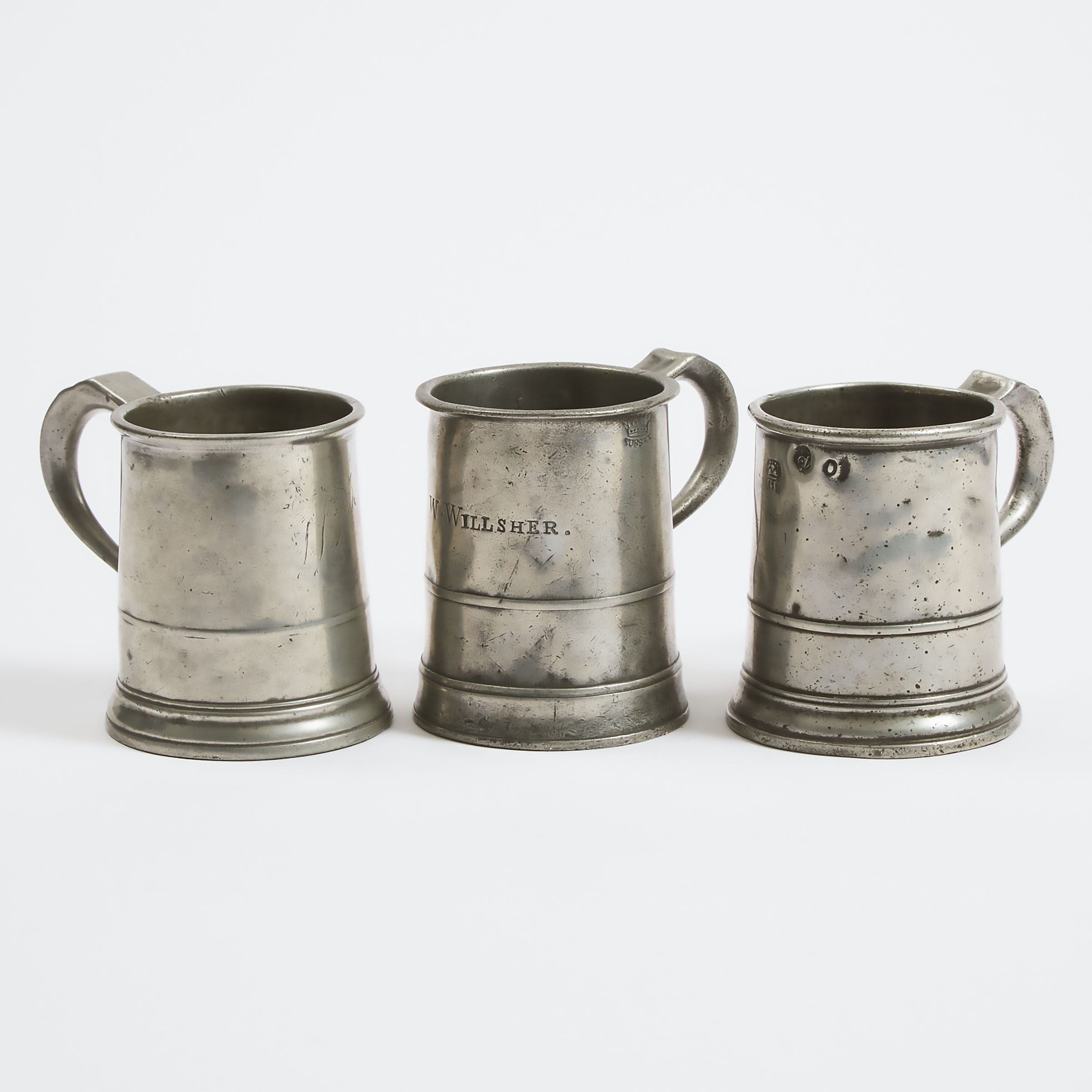 Three English Pewter Pint Mugs,