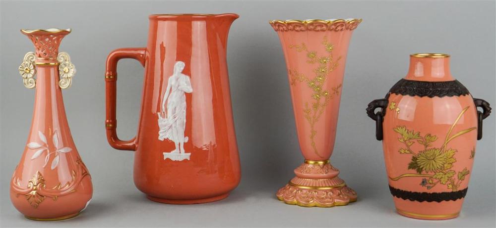 THREE ENGLISH PINK GROUND VASES AND