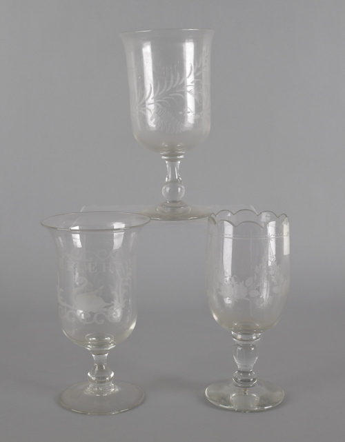 Three etched colorless glass celery