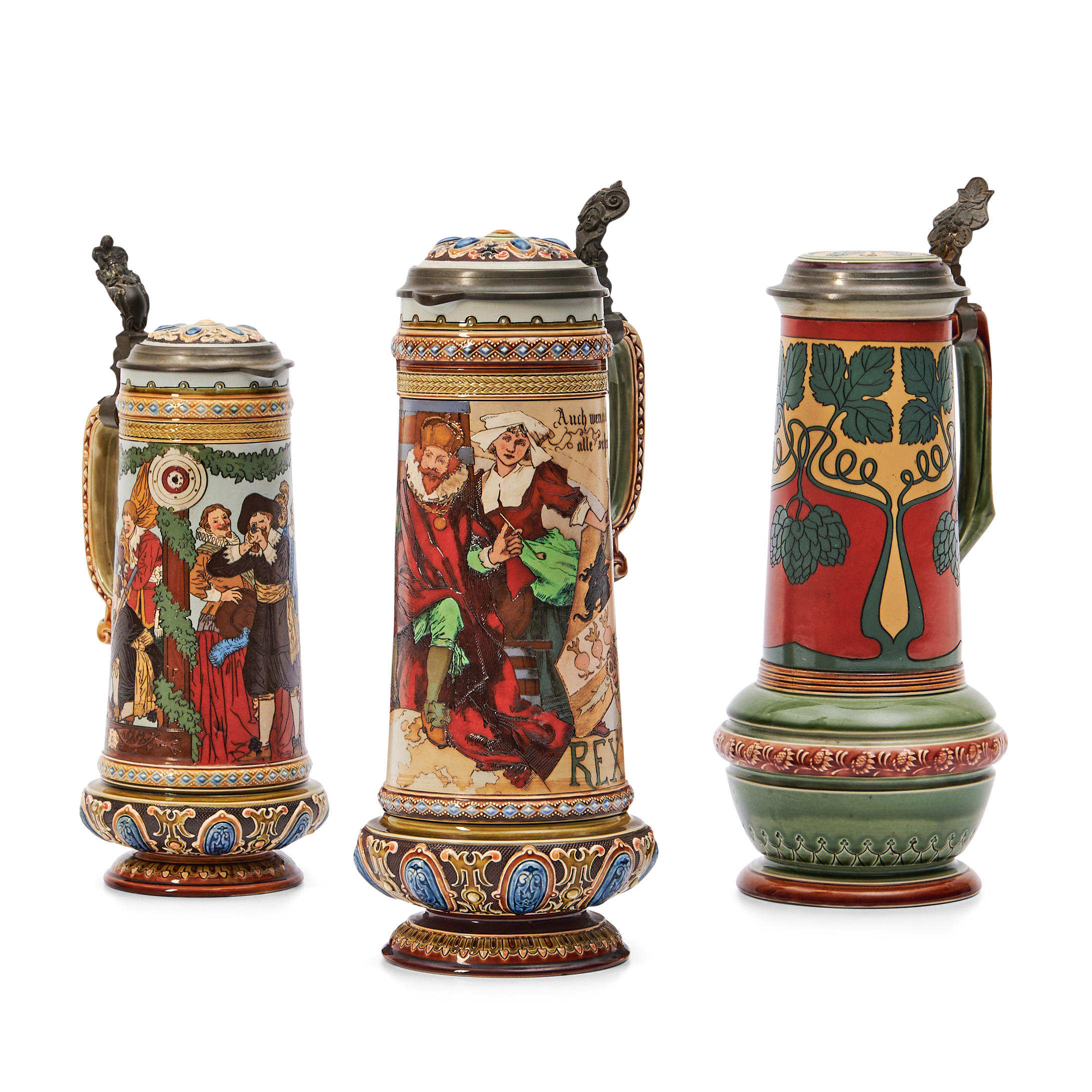 THREE ETCHED METTLACH STEINS,
