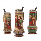 THREE ETCHED METTLACH STEINS,