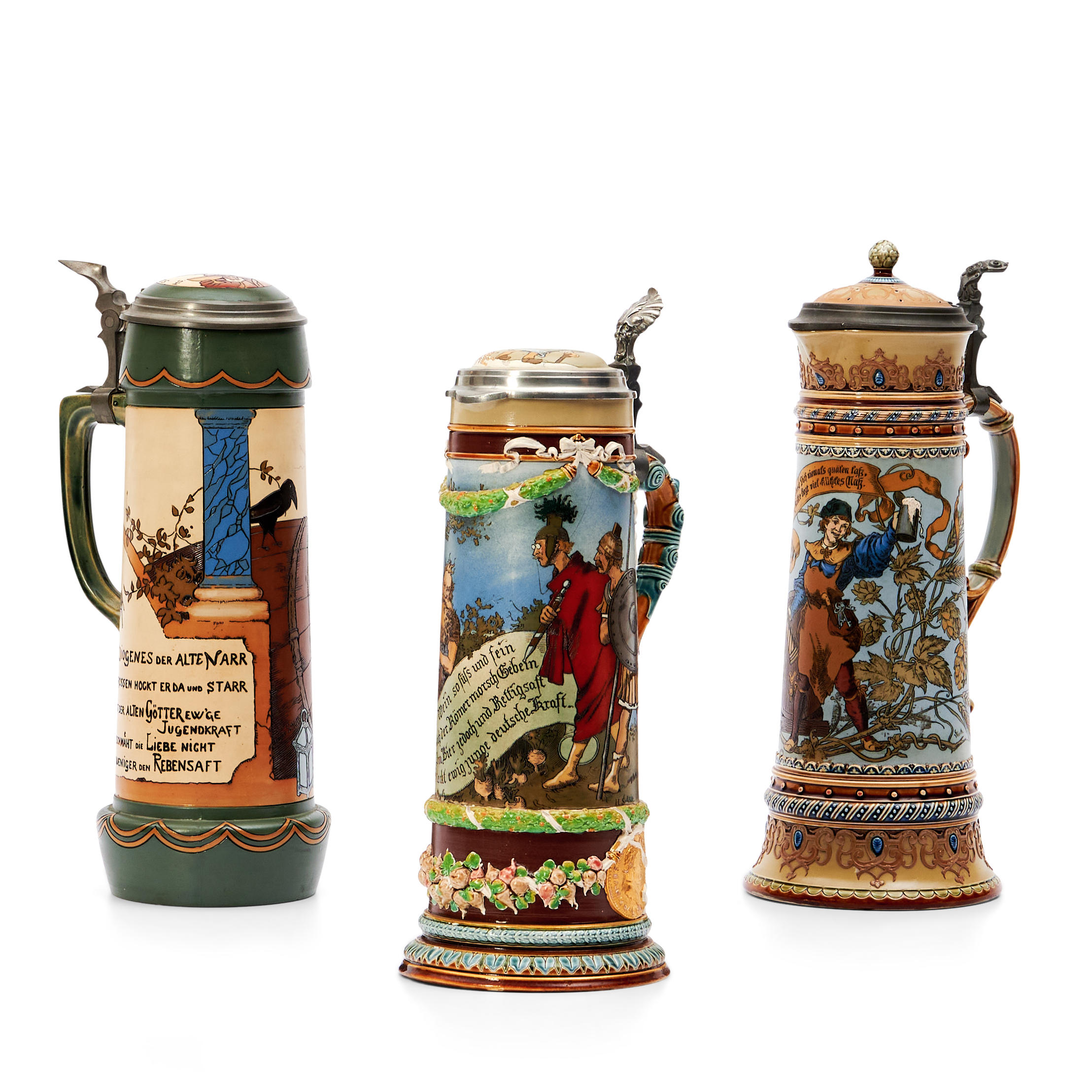 THREE ETCHED METTLACH STEINS,