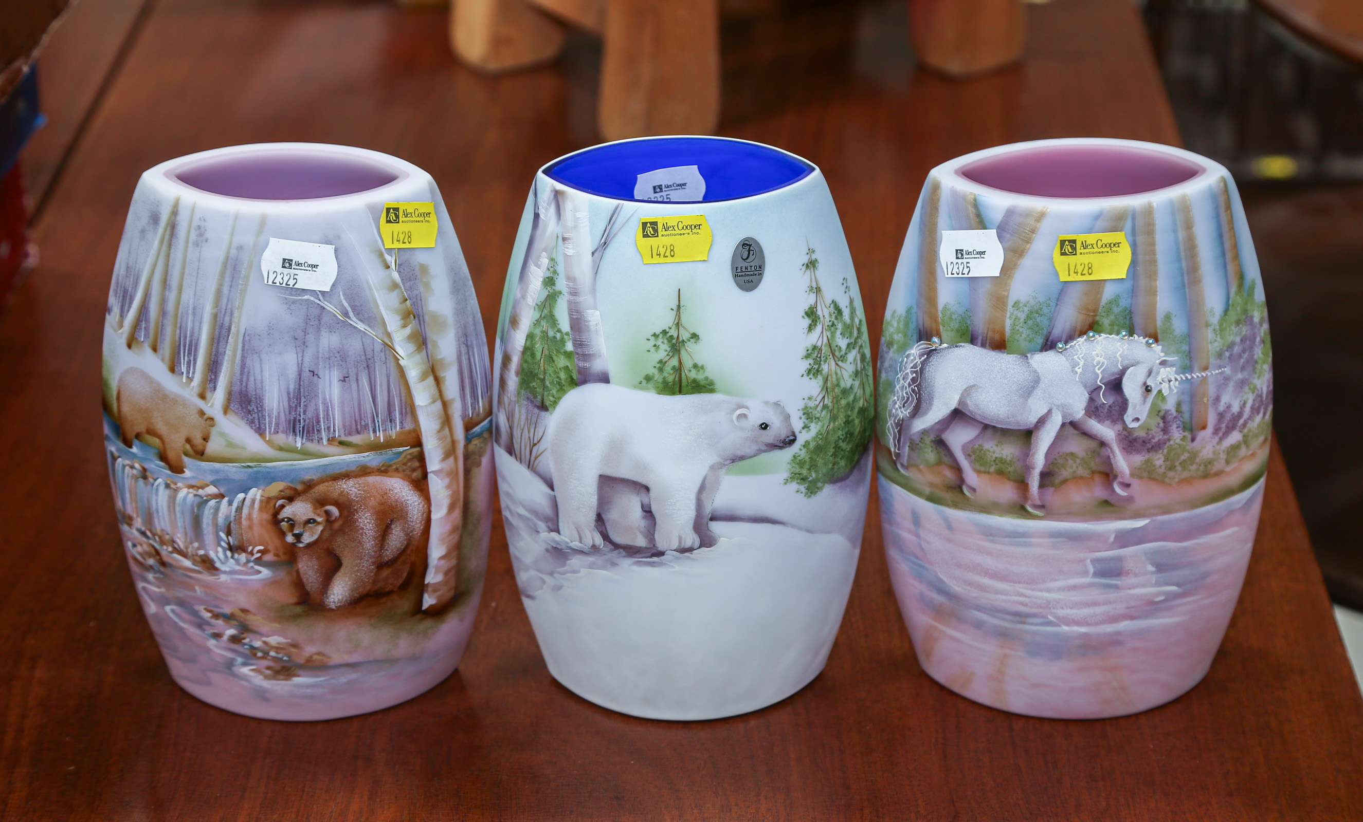 THREE FENTON ANIMAL DECORATED VASES