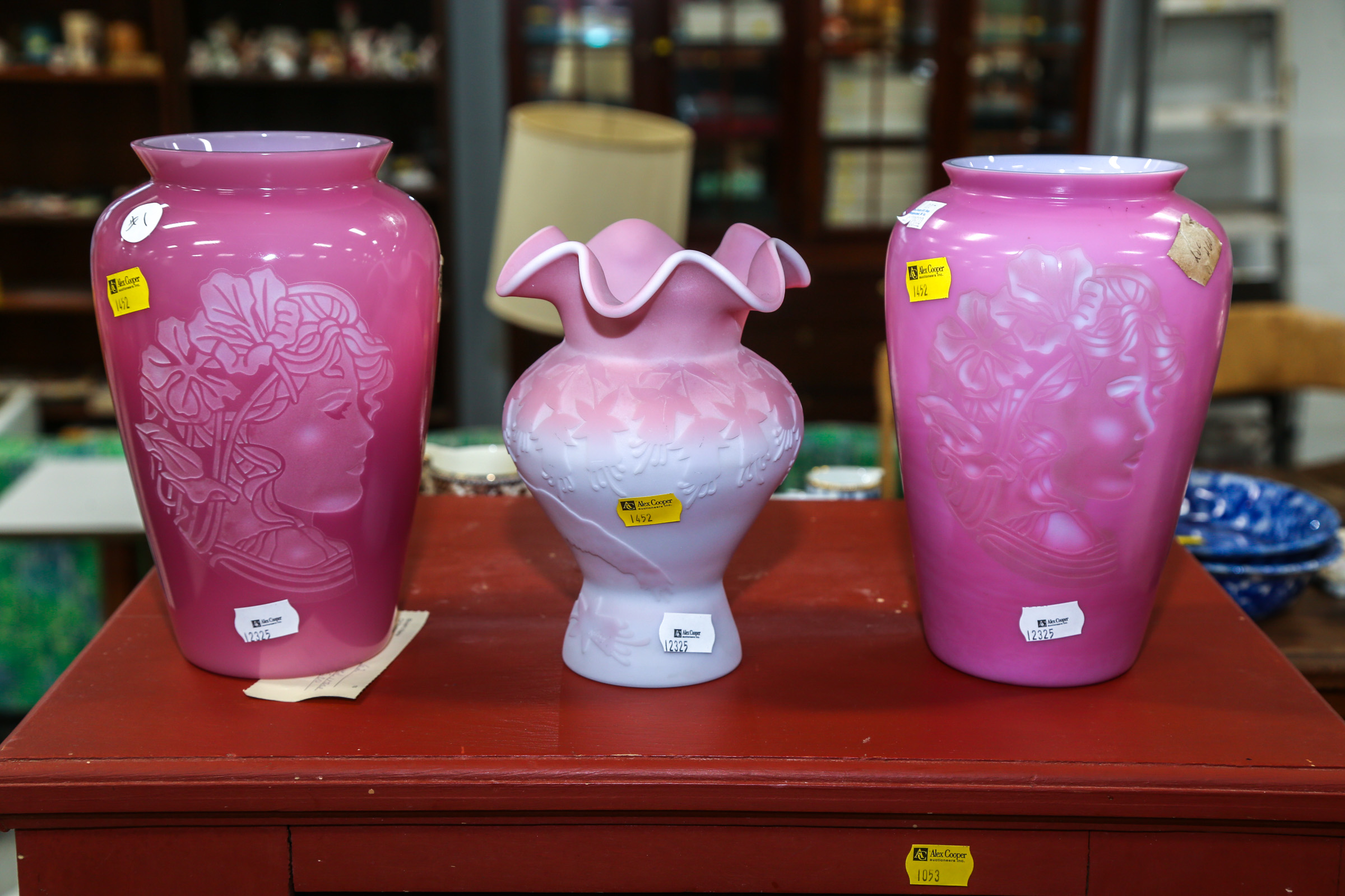 THREE FENTON CAMEO GLASS VASES