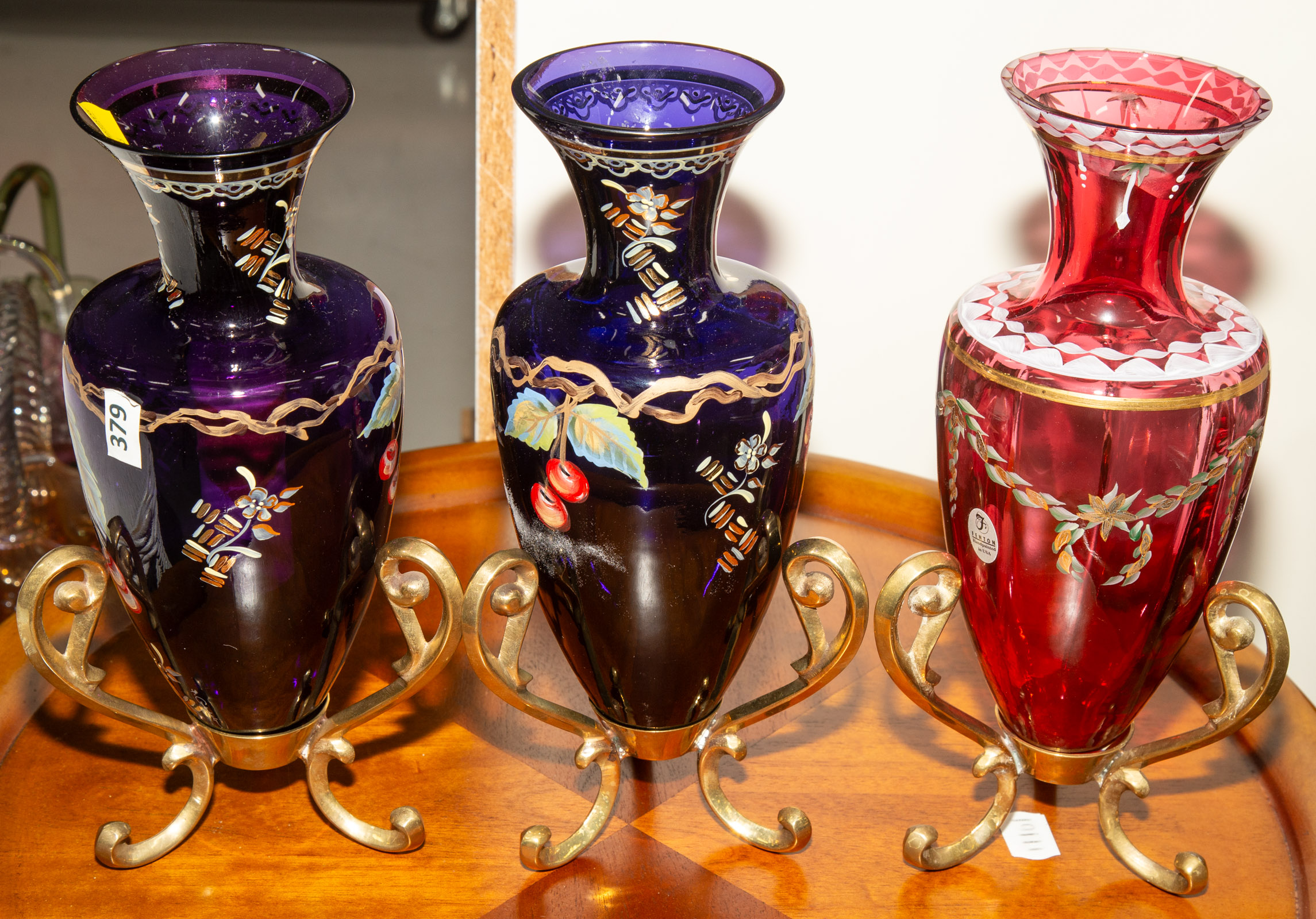 THREE FENTON PAINTED GLASS VASES ON
