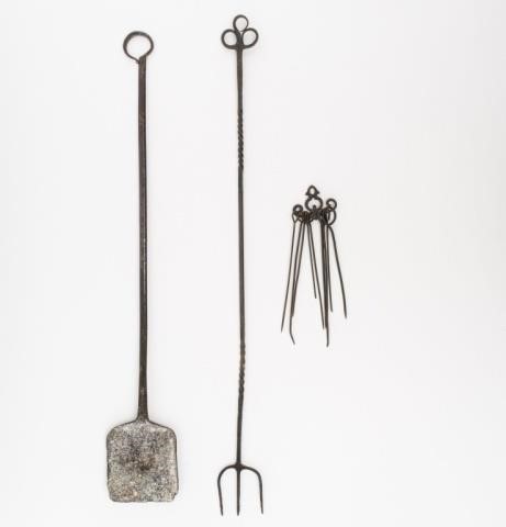 THREE FIREPLACE IRON TOOLS, CA.