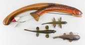 THREE FISH DECOYS AND A TROUT-
