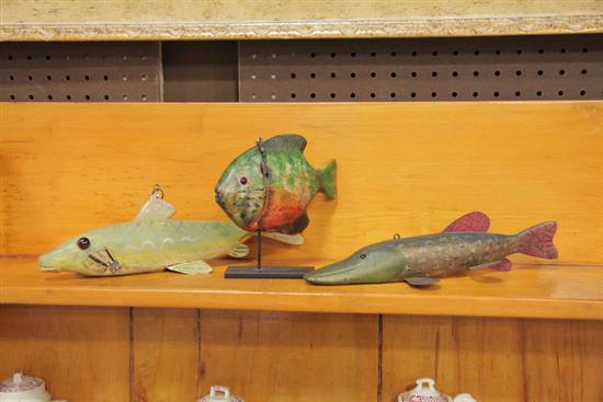 THREE FISH DECOYS. Carved wood with