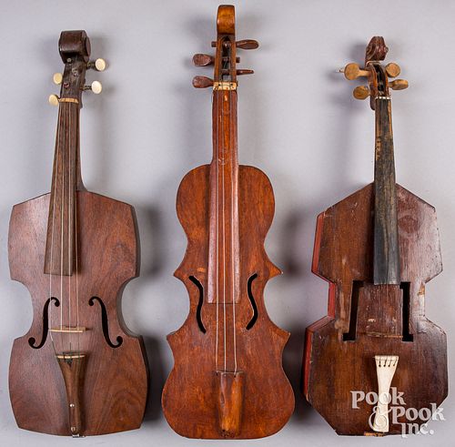 THREE FOLK ART HOMEMADE VIOLINS,