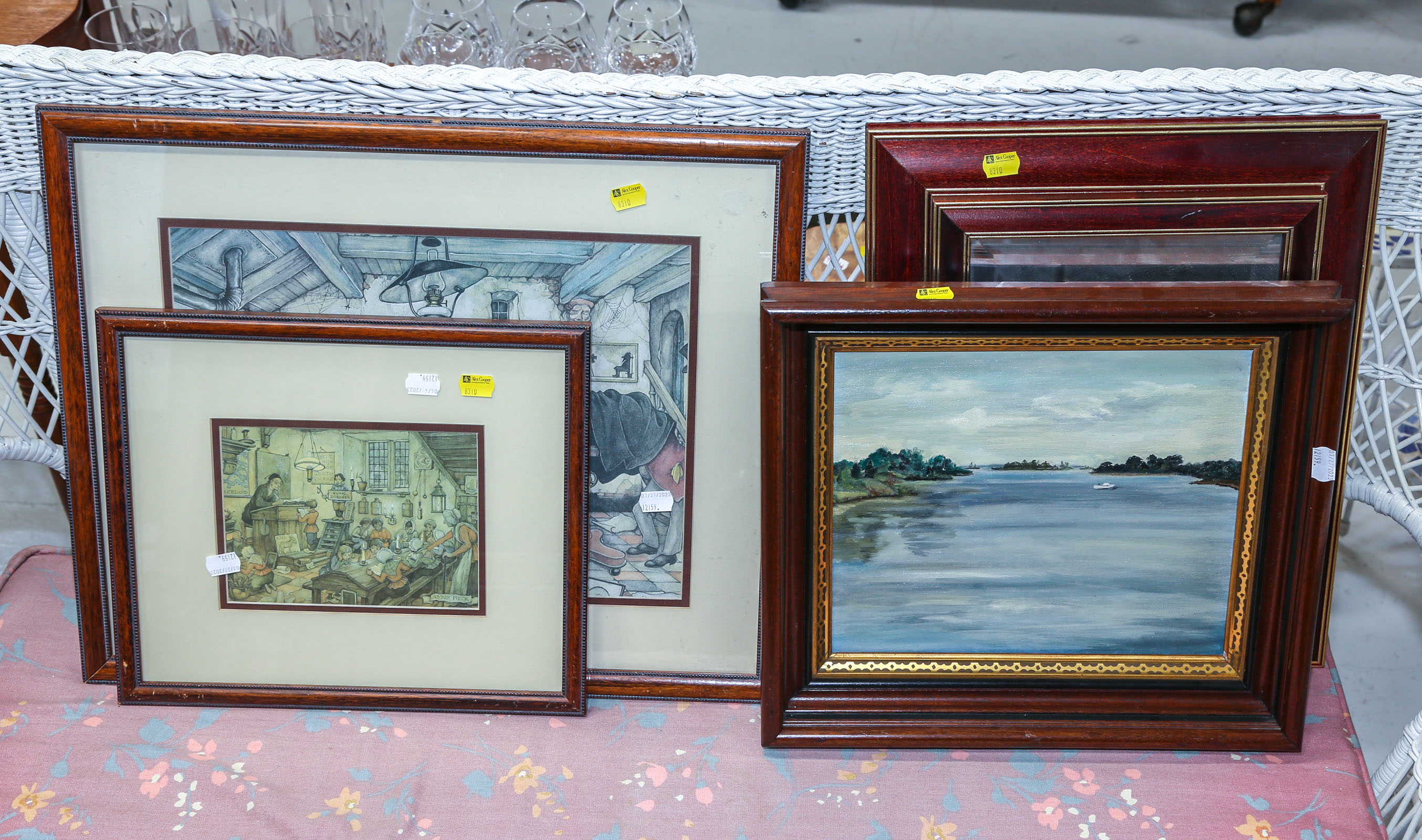THREE FRAMED ARTWORKS & A MIRROR