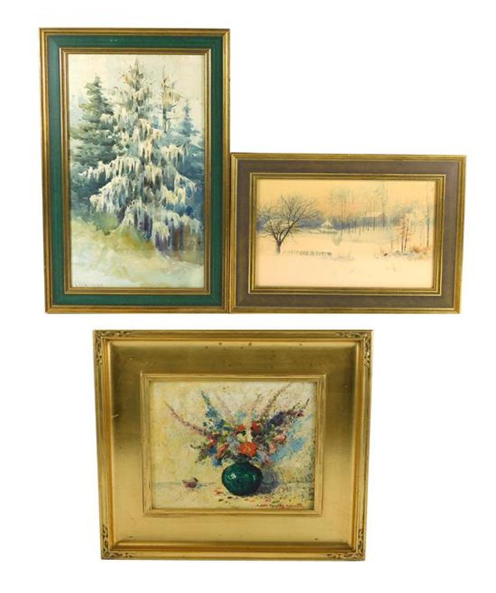 THREE FRAMED ARTWORKS, ONE OIL BY