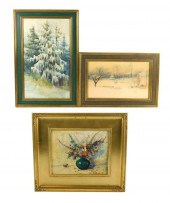 THREE FRAMED ARTWORKS, ONE OIL