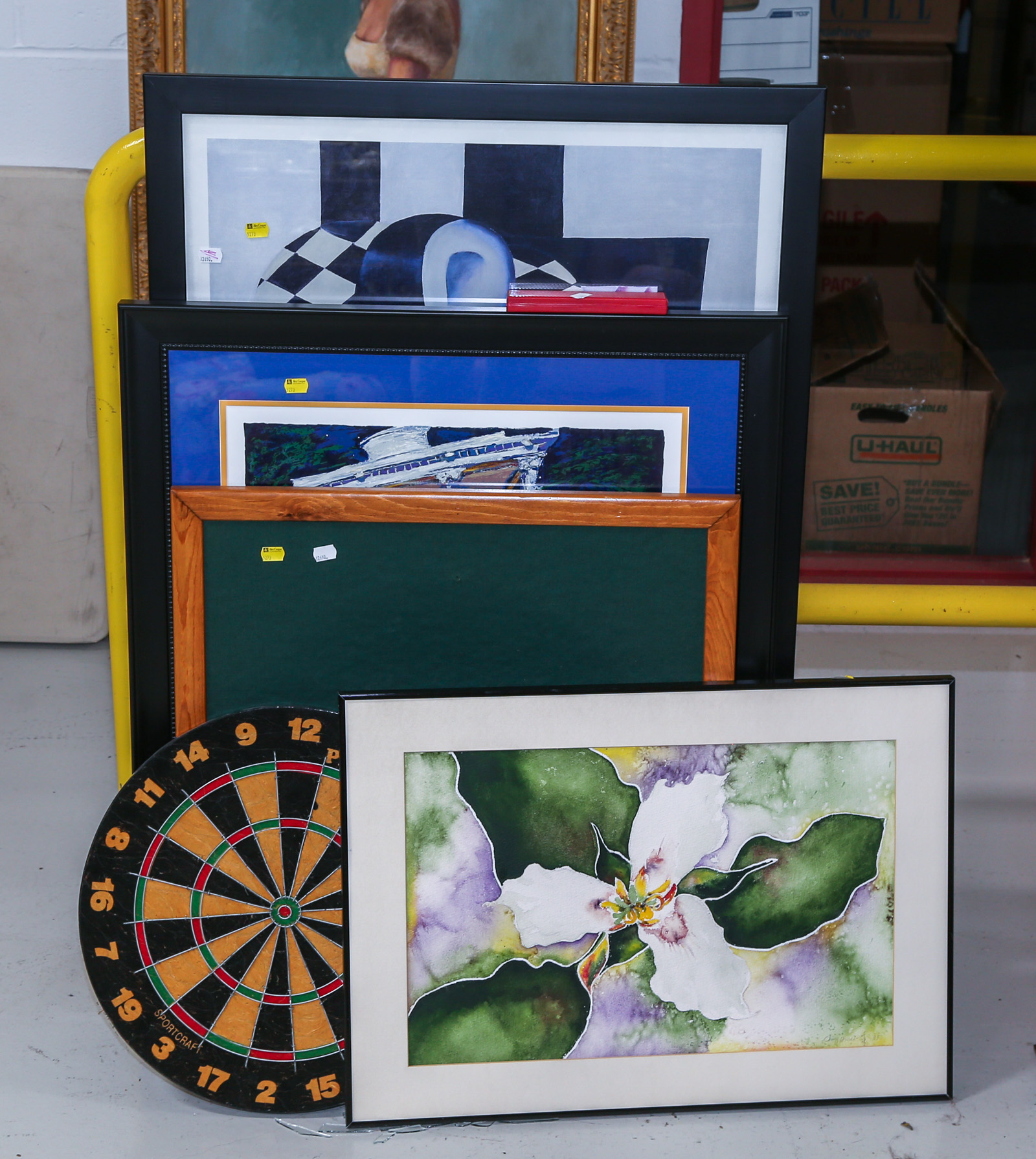 THREE FRAMED DECORATIONS & DART
