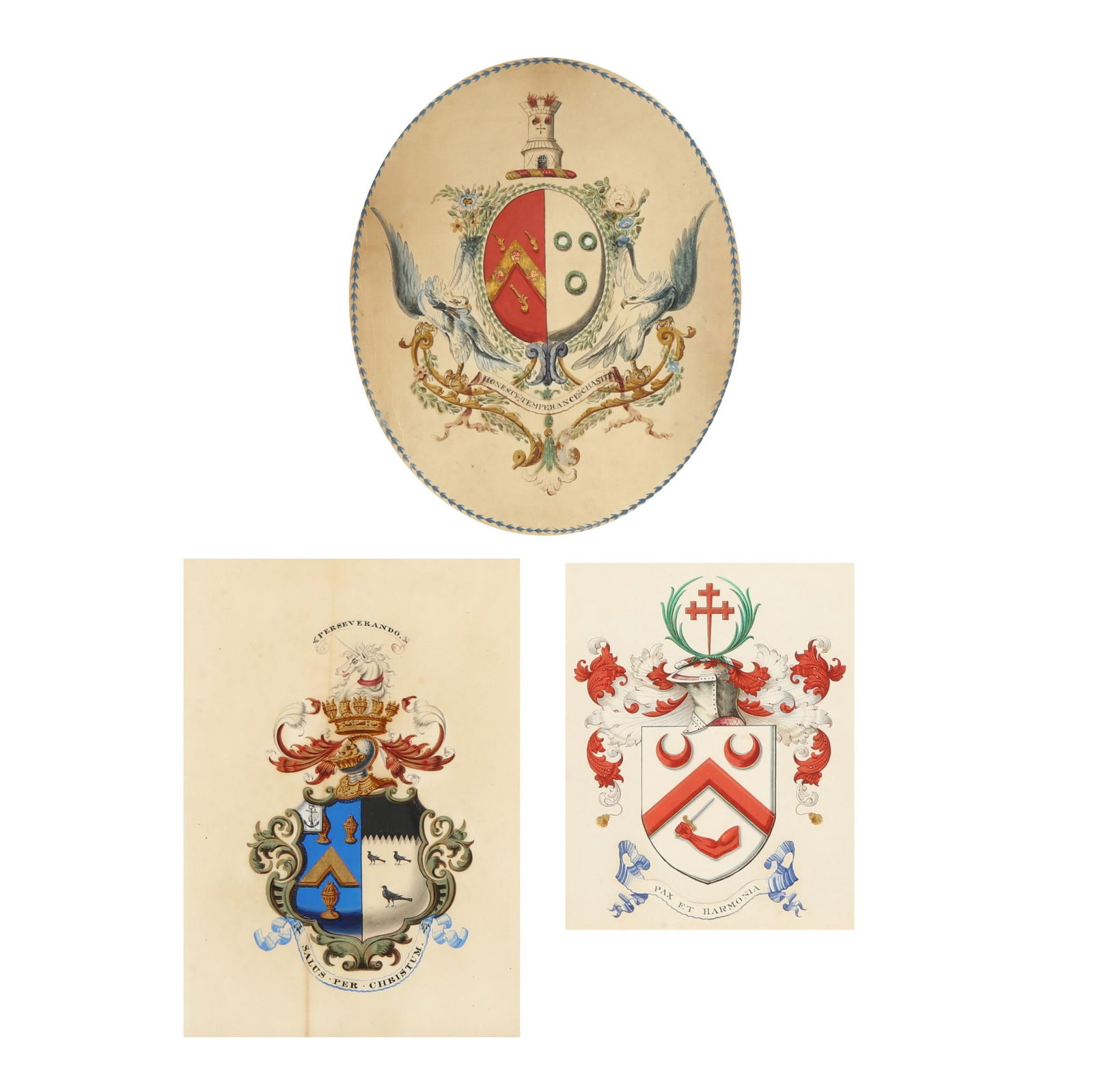THREE FRAMED ENGLISH HERALDIC COATS