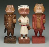 Three frog folk art carvings: