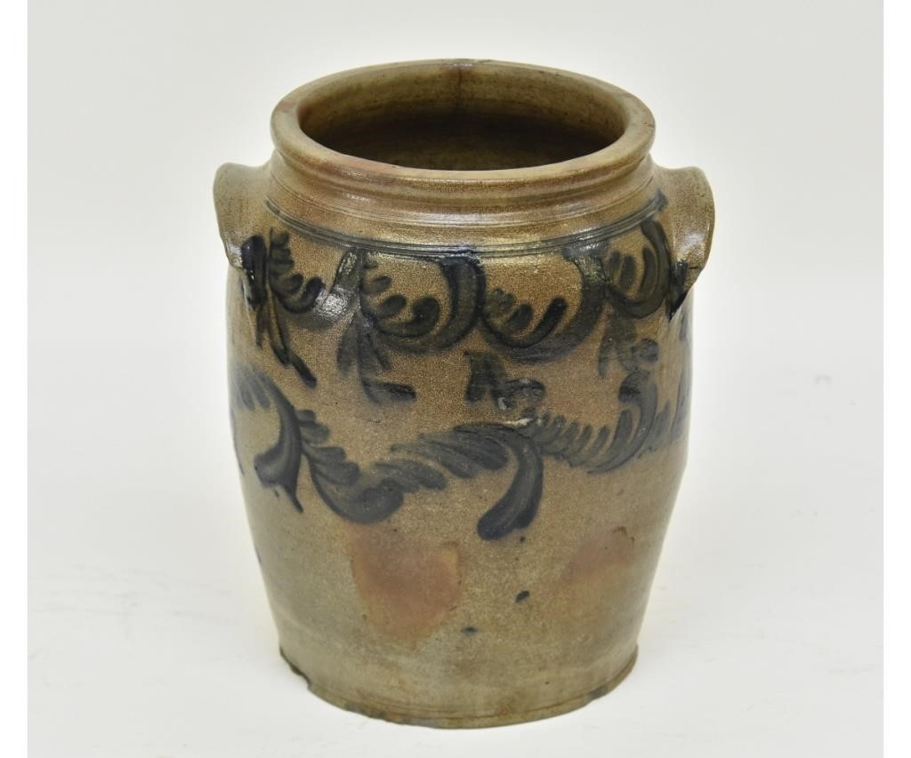 Three gallon blue decorated crock