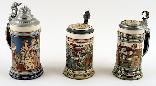 THREE GERMAN METTLACH LIDDED BEER