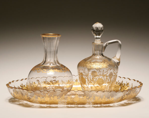 Three gilt trim pressed glass