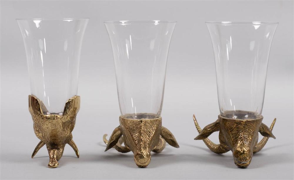 THREE GLASS AND BRASS RHYTON-FORM