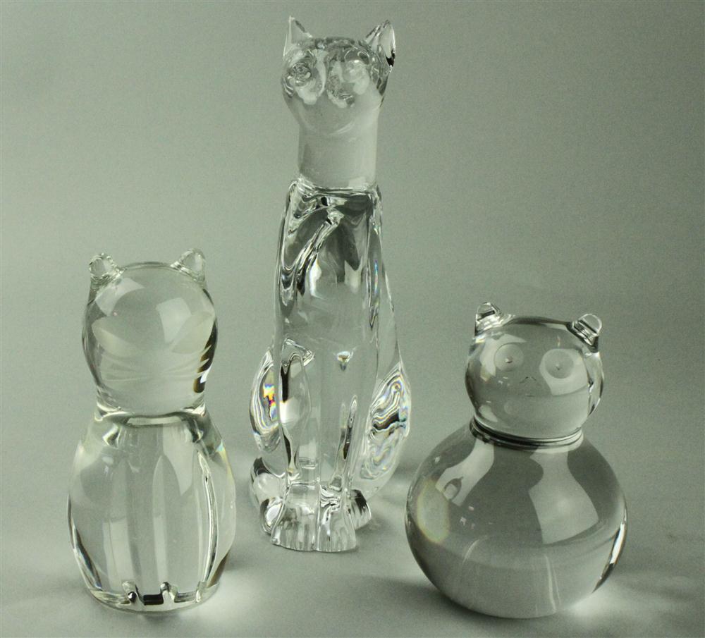 THREE GLASS CAT ORNAMENTS including