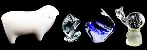 THREE GLASS ORNAMENTS AND A CERAMIC