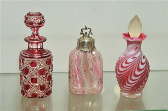 THREE GLASS PERFUME BOTTLES.