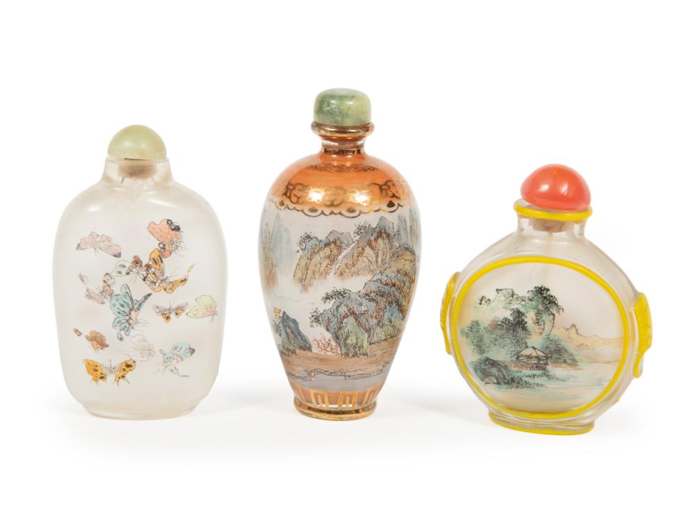 THREE GLASS SNUFF BOTTLESThree