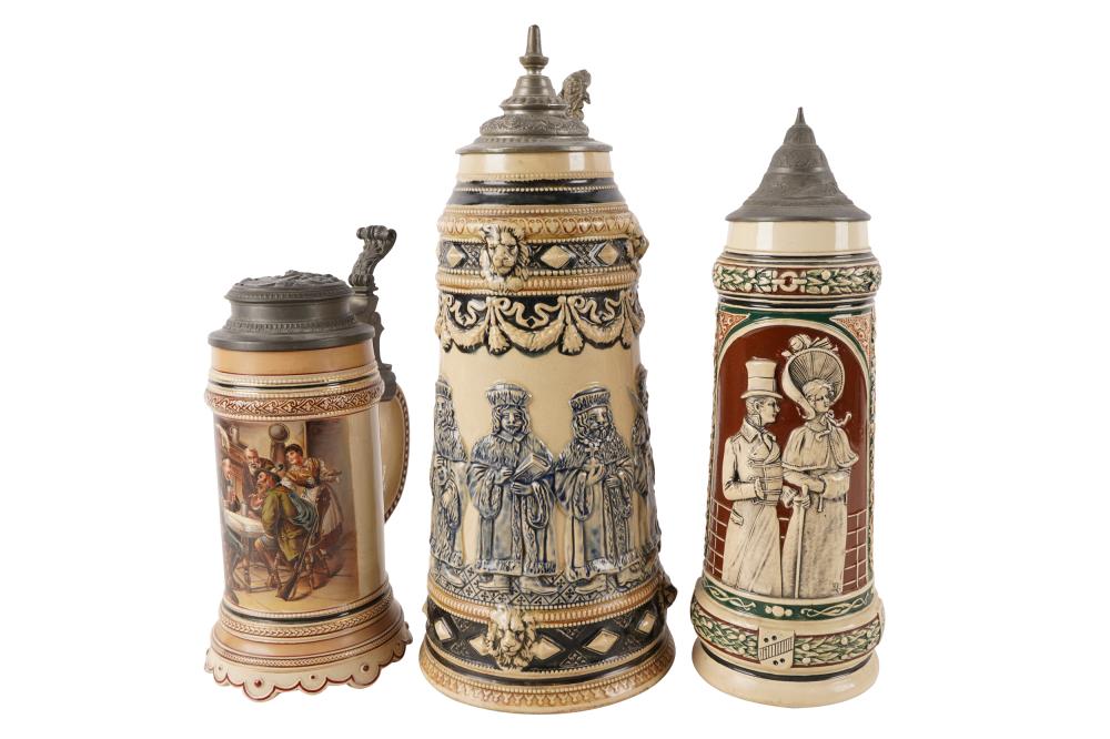 THREE GLAZED POTTERY BEER