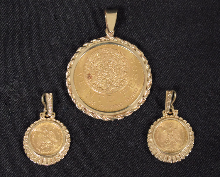 THREE GOLD PESO COIN PENDANTS: