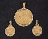 THREE GOLD PESO COIN PENDANTS: