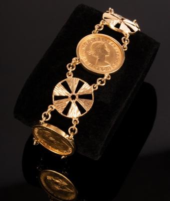 Three gold sovereigns mounted as