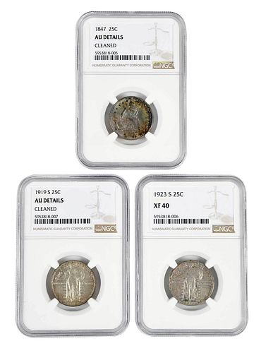 THREE GRADED QUARTERS1847 seated