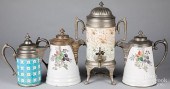 THREE GRANITEWARE WATER PITCHE