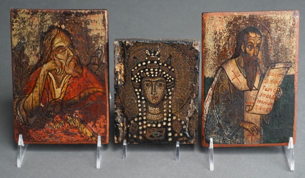 THREE GREEK PAINTED WOOD
