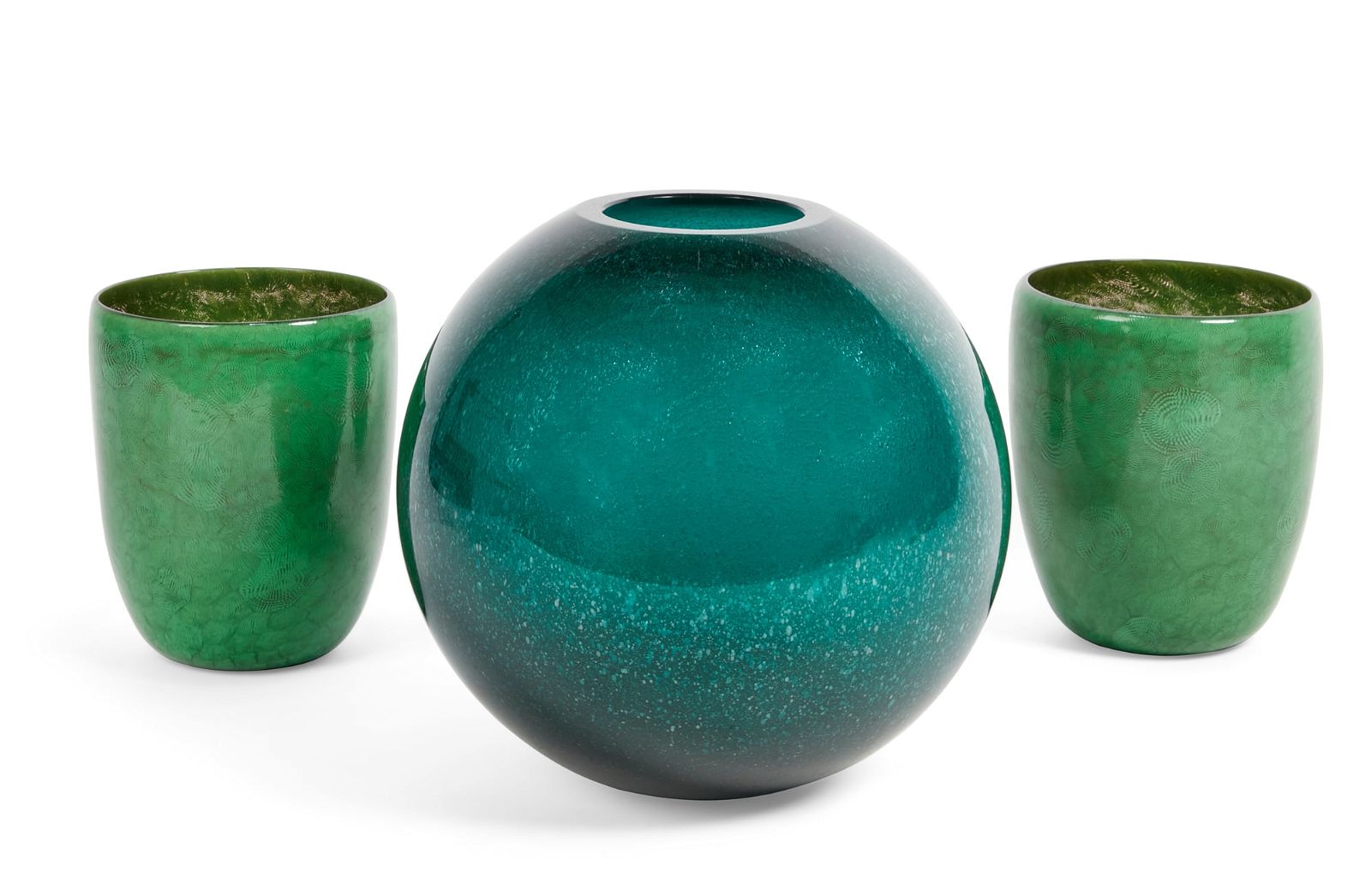 THREE GREEN ART GLASS VASES,