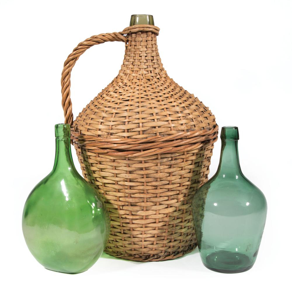 THREE GREEN BLOWN GLASS