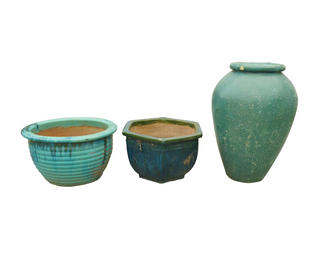 THREE GREEN GLAZED PLANTERSthe