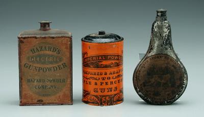 Three gunpowder tins: one flask