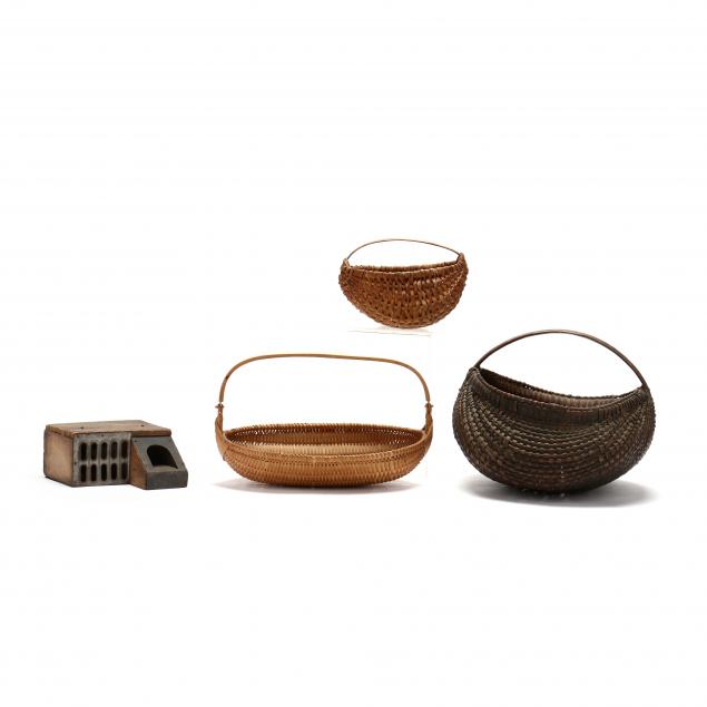 THREE HAND WOVEN BASKETS AND