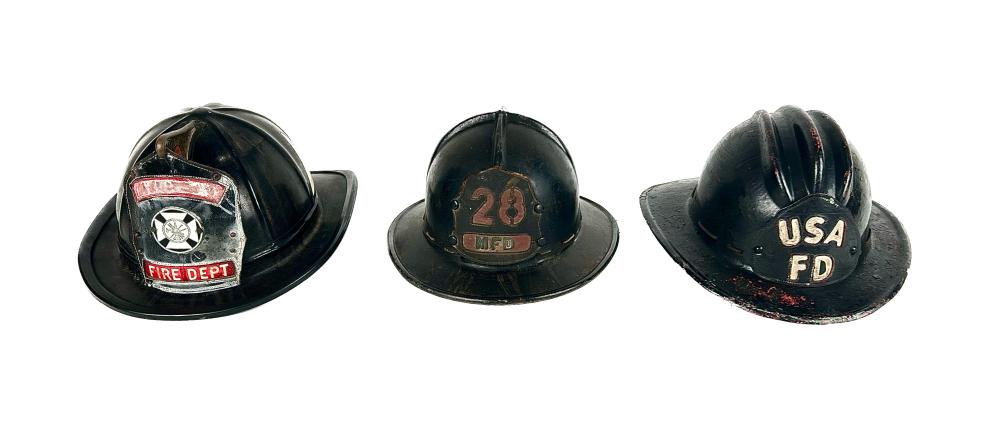 THREE HARD PLASTIC FIRE HELMETS