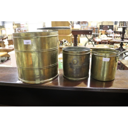 Three heavy brass buckets or