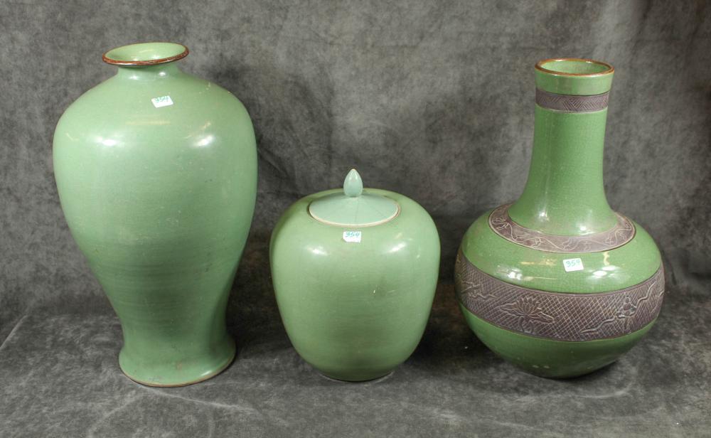 THREE HEAVY CHINESE GREEN GLAZE