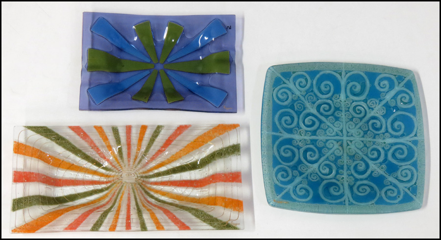 THREE HIGGINS GLASS PLATES.