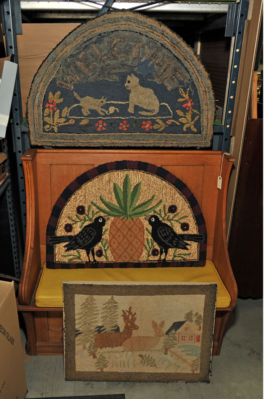 THREE HOOKED RUGS. Including one