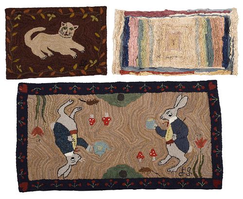 THREE HOOKED RUGS, RABBITS AND CAT,