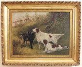 THREE HOUNDS, OIL ON BOARD, LA